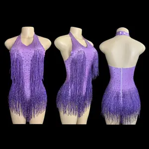Sparkly Rhinestones Fringe Bodysuit WomenVightclub Party Dance Costume Stage Wear SexyTassel Leotard Performance Clothing 7G Womenswear Tops Rose Style Spandex Sky Girl Fabric Light Summer