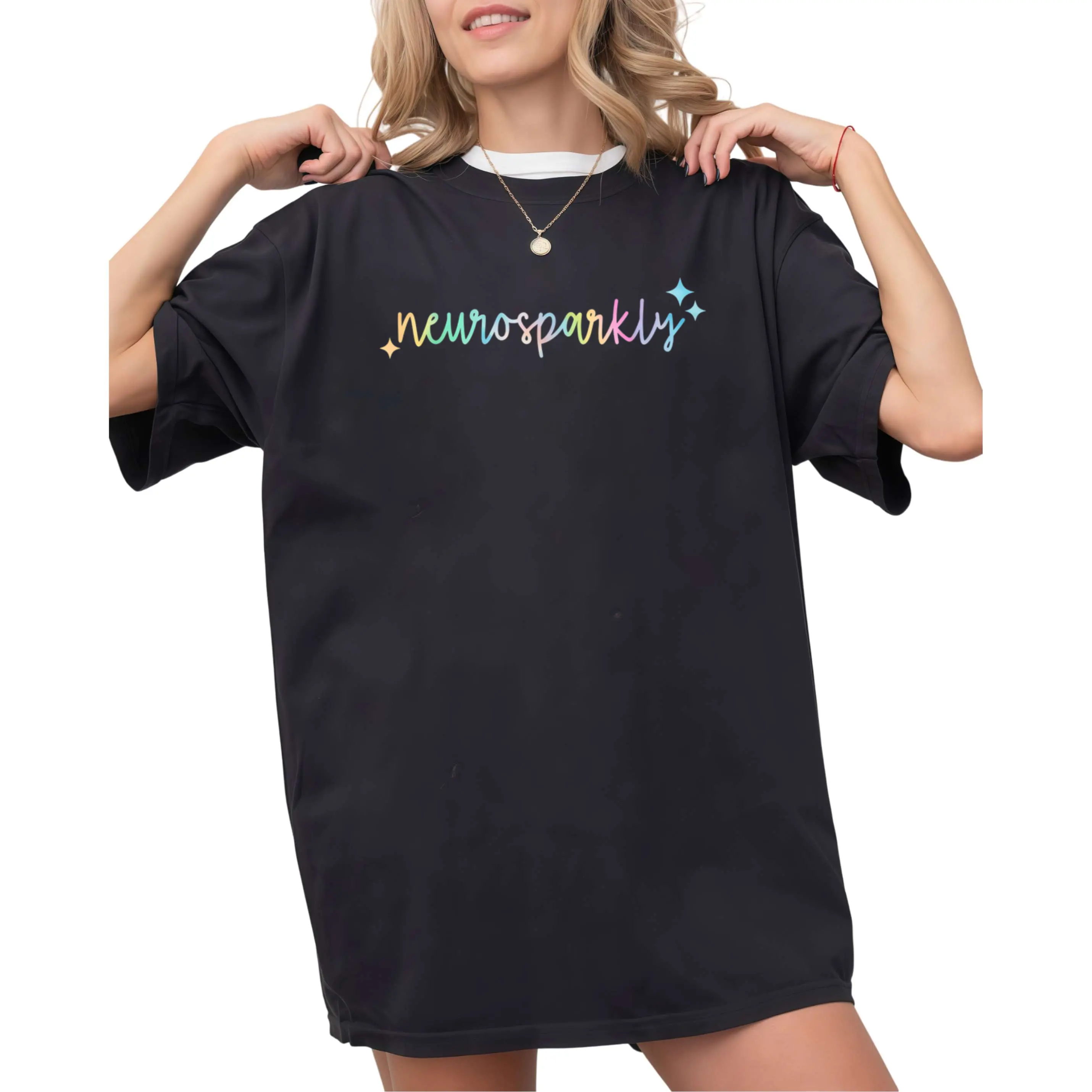 Women's Neurosparks Neurodivergent Autism ADHD Awareness T-Shirt - Retro Colorful Star & Neurosparkles Print,  Cotton Casual Tee, Black Short Sleeve Round Neck Shirt for Neurodivesity, Unisex Apparel