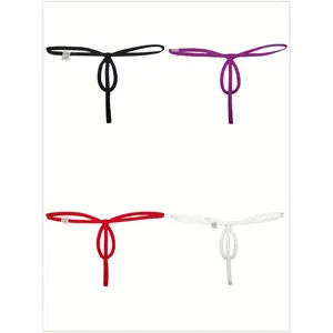 4-Pack Men's High-Elasticity Thong Underwear - Low-Rise Tight-Fit Bandage-Style with Adjustable Thin Rope Ties, Solid Color (Black/White/Purple/Red) for Angel Costume & Special Occasion Wear, Sexy Undergarments, Sleek Undergarments, High El