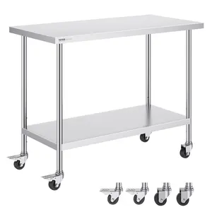 VEVOR Stainless Steel Work Table 24 x 48 x 38 Inch,  with 4 Wheels, 3 Adjustable Height Levels, Heavy Duty Food Prep Worktable for Commercial Kitchen Restaurant, Silver