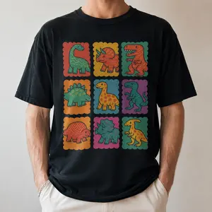 "Retro Dino Grid" Graphic T-Shirt - Vintage Geometric Dinosaur Statement Top - Classic 90s Aesthetic Apparel - Soft Breathable Graphic Shirt - Unique Professional Detail Crew Neck Tee