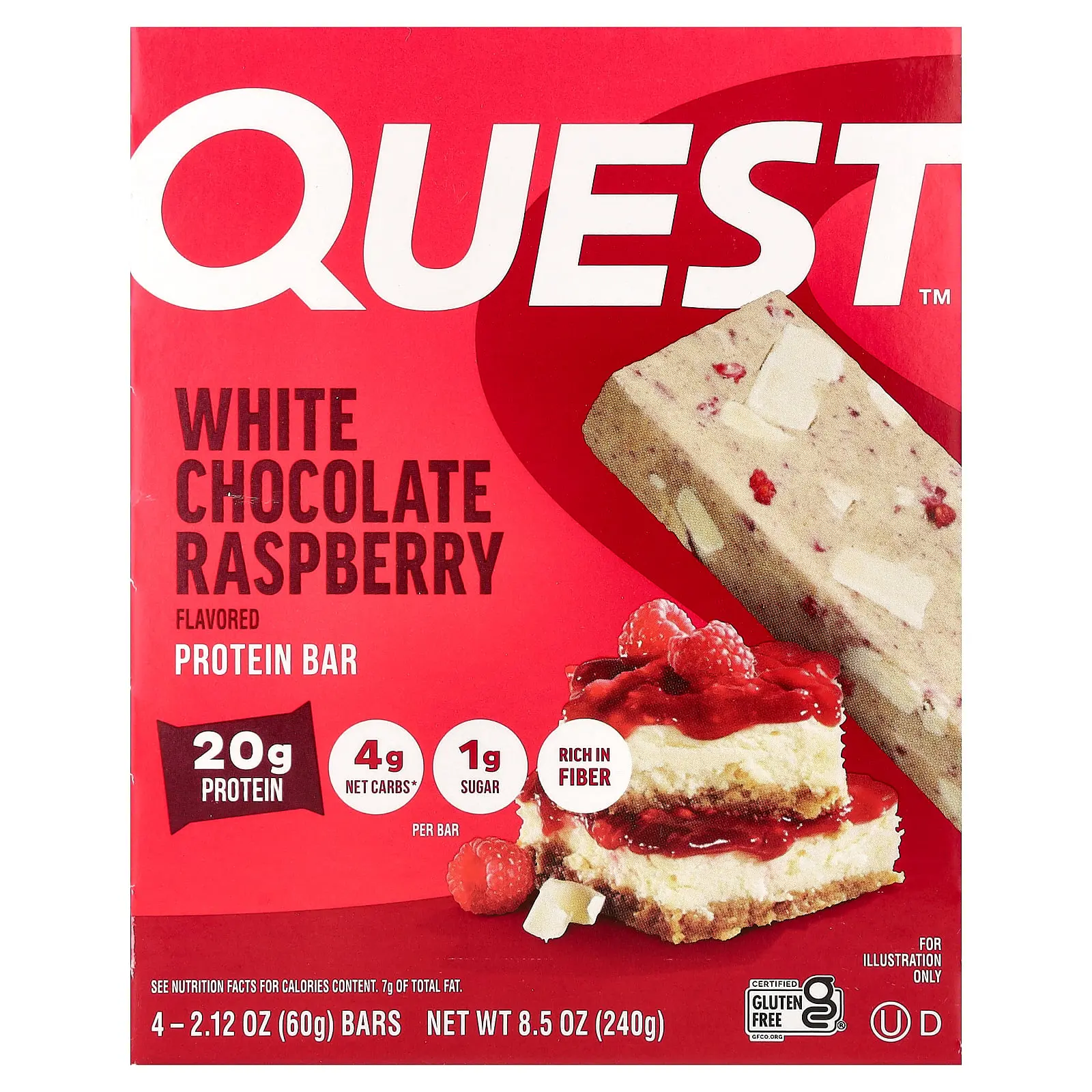 Quest Nutrition Protein Bar, White Chocolate Raspberry, 4 Bars, 2.12 oz (60 g) Each Quest Nutrition Protein Bar, White Chocolate Raspberry, 4 Bars, 2.12 oz (60 g) Each