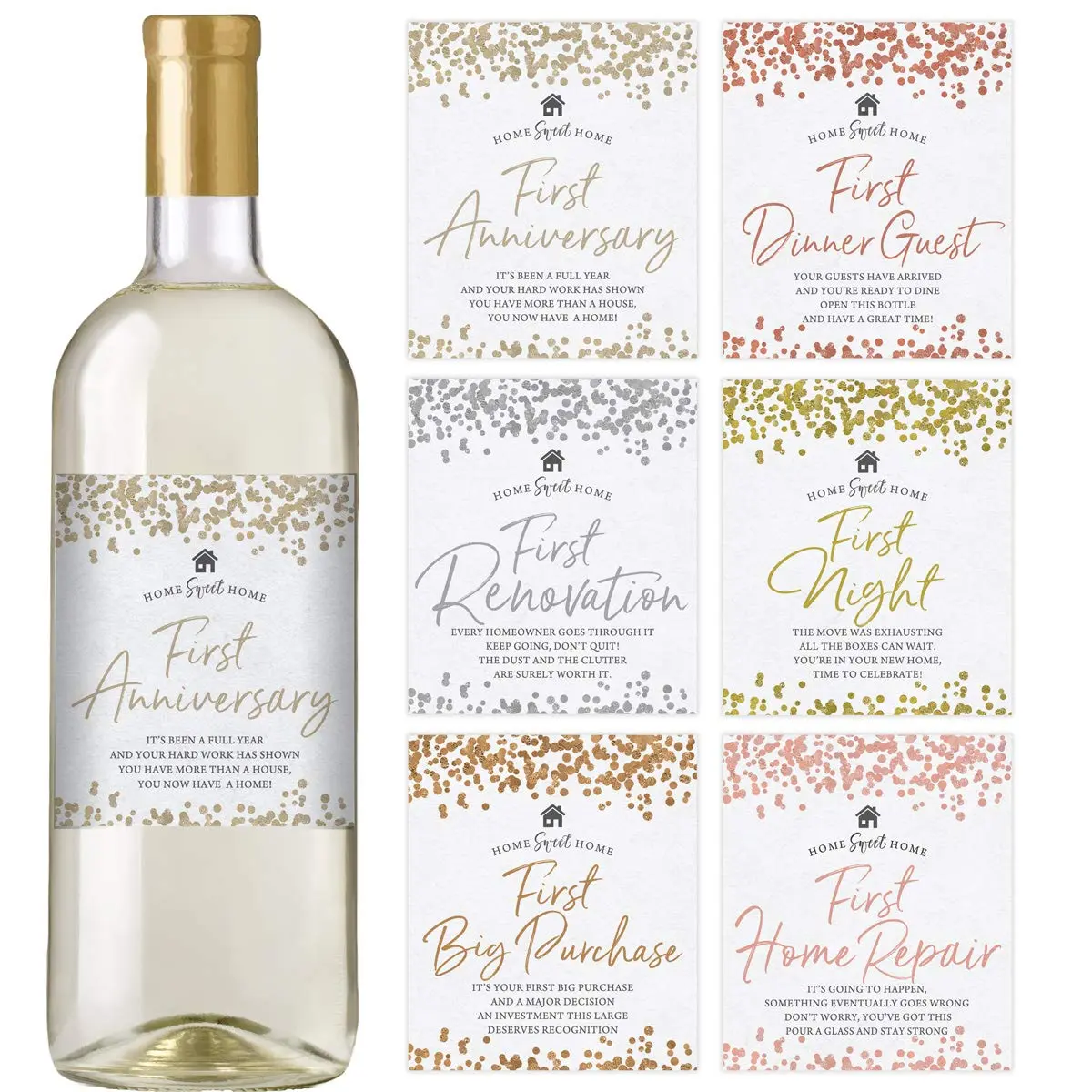 New Home Housewarming Gift – Waterproof Wine Bottle Labels, Confetti (Set of 6)