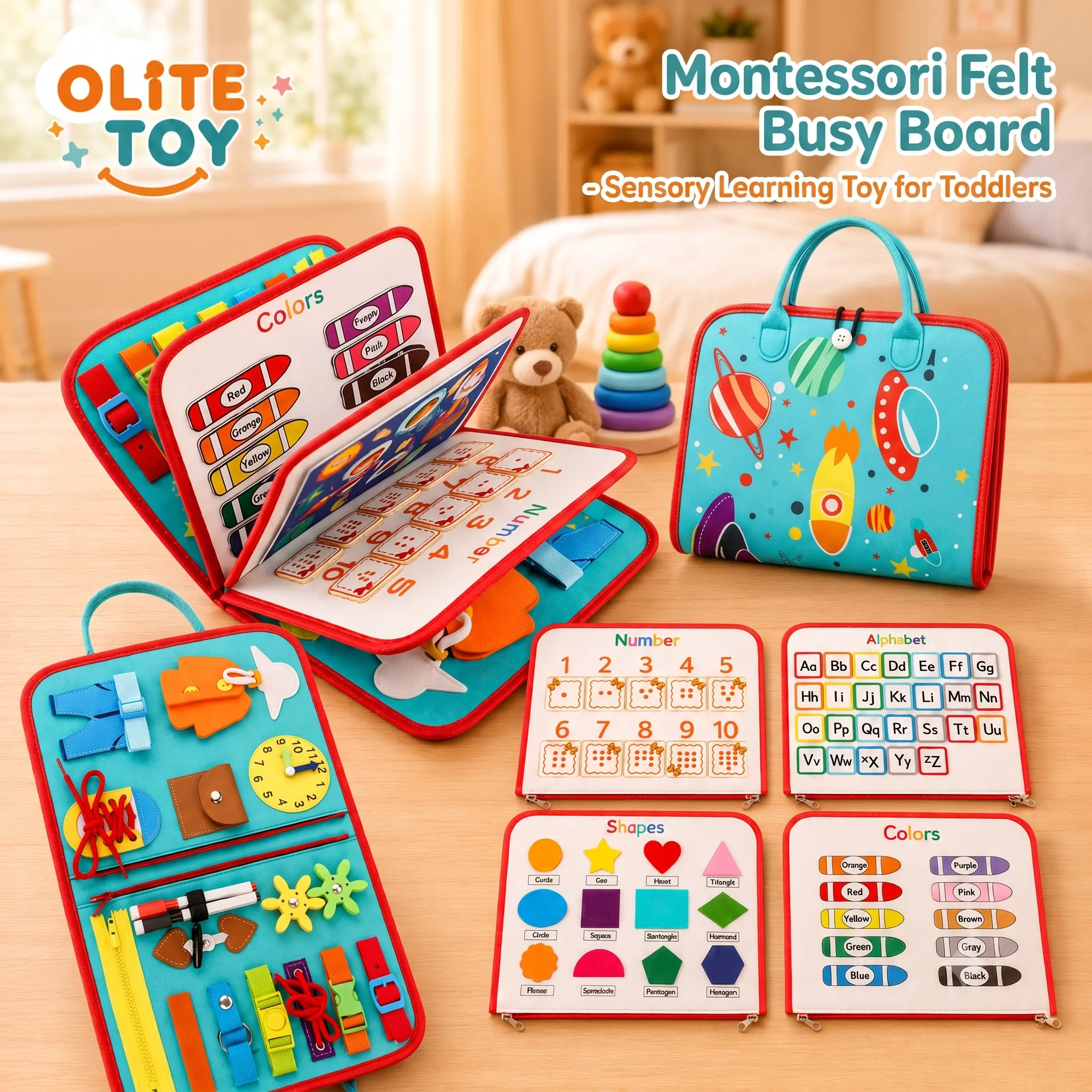 Montessori Portable Felt Cloth Animal Themed Handle Shape Sorter Bag - Kids Toys, Toddler Sensory Products, Travel Size Learning Toy for 1-6 Ages, Activity Board, Color Sorter, Fine Motor Skill Builder