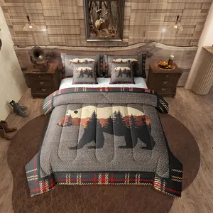 Hunting Bear 7 Pcs Comforter Set,Rustic Farmhouse Bedding Set,Buffalo Plaid Grid Bed in a Bag for Boys Girls,Kids Woodland Wild Animals Sheet Set,Cabin Lodge Decor,Orange Grey