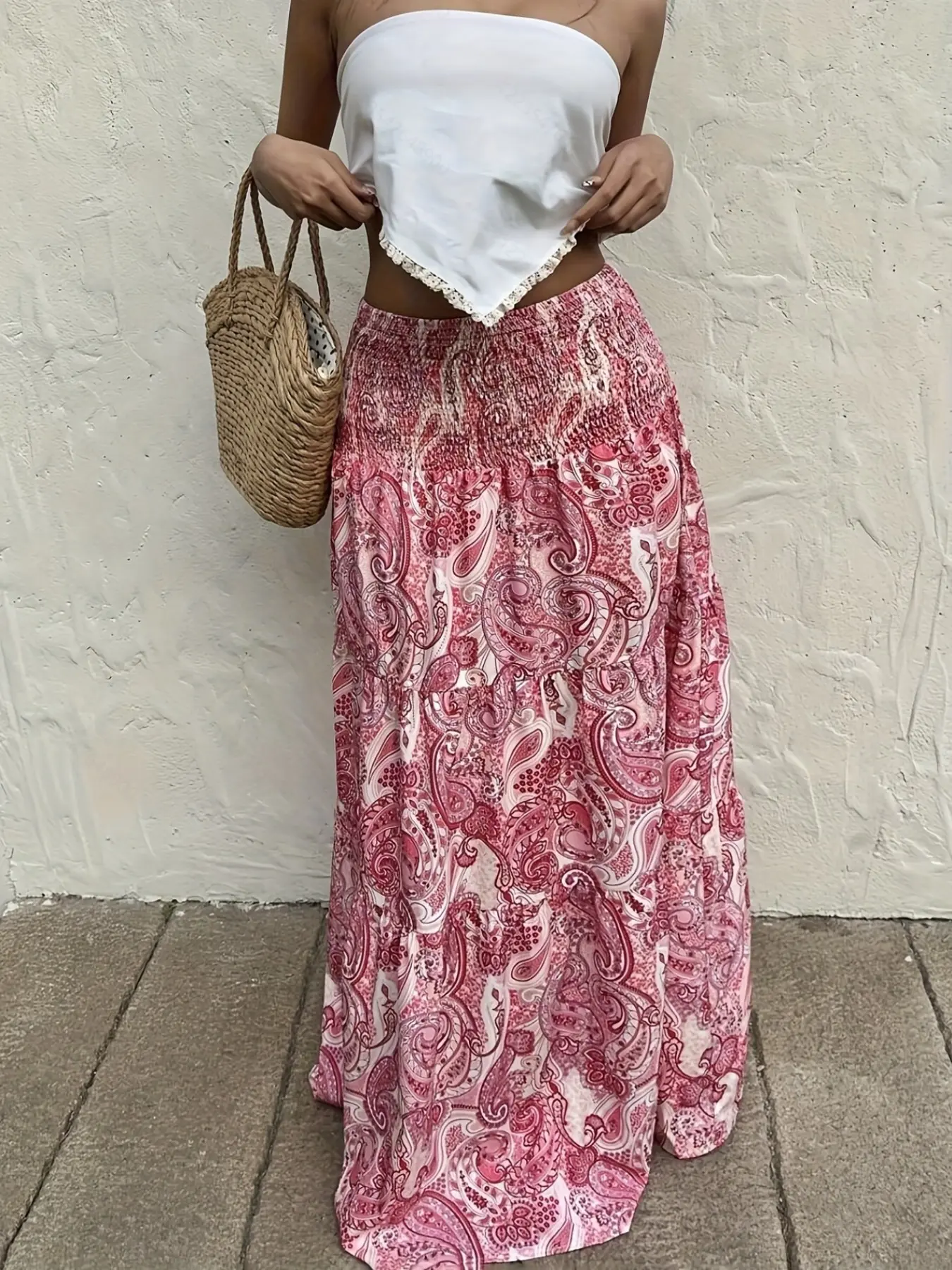 Women's Bohemian Print Adjustable Drawstring Waist Long Dress, Perfect for Vacation and Casual Wear, Spring Summer Fashion, Skirt