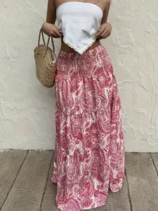 Women's Bohemian Print Adjustable Drawstring Waist Long Dress, Perfect for Vacation and Casual Wear, Spring Summer Fashion, Skirt