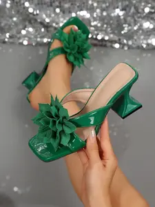 Women's Floral High Heel Sandals, Summer Fashion Thin Heels Slip-On Shoes, Elegant Ladies' Outdoor Footwear, Comfortable Large Size, Fashionable Heeled Sandals