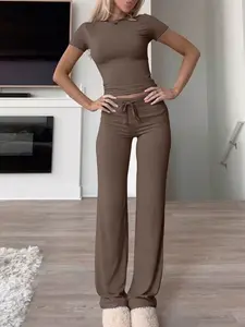 Lw Home Women's Fashion Womenswear Casual Solid Color Round Neck Short Sleeve T-Shirt and Drawstring Pants Set, Summer, Perfect for Home Wear