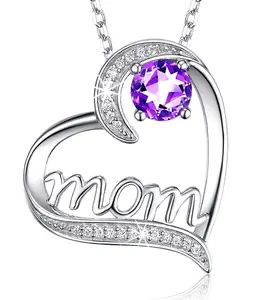 I LOVE YOU Mom Birth Stones Necklace - Silver Heart Pendant with Personalized Birthstones, Perfect Gift for Mother's Day, Adjustable Chain