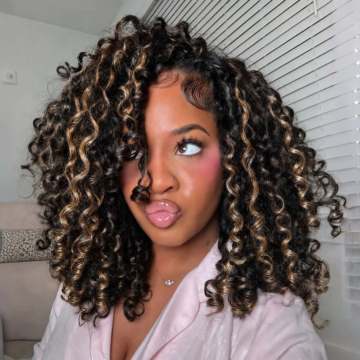 OQ HAIR 250% Density Burmese Curly P1B/27 Highlight Color Wear Go Half Wig Minimal Leave-Out InvisiFit Strap Flip Over Wig Glueless Human Hair Wigs for Beginners