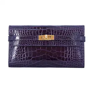 Pre-owned HERMÈS Alligator Small Leather Goods Shiny Kelly To Go Wallet Aubergine