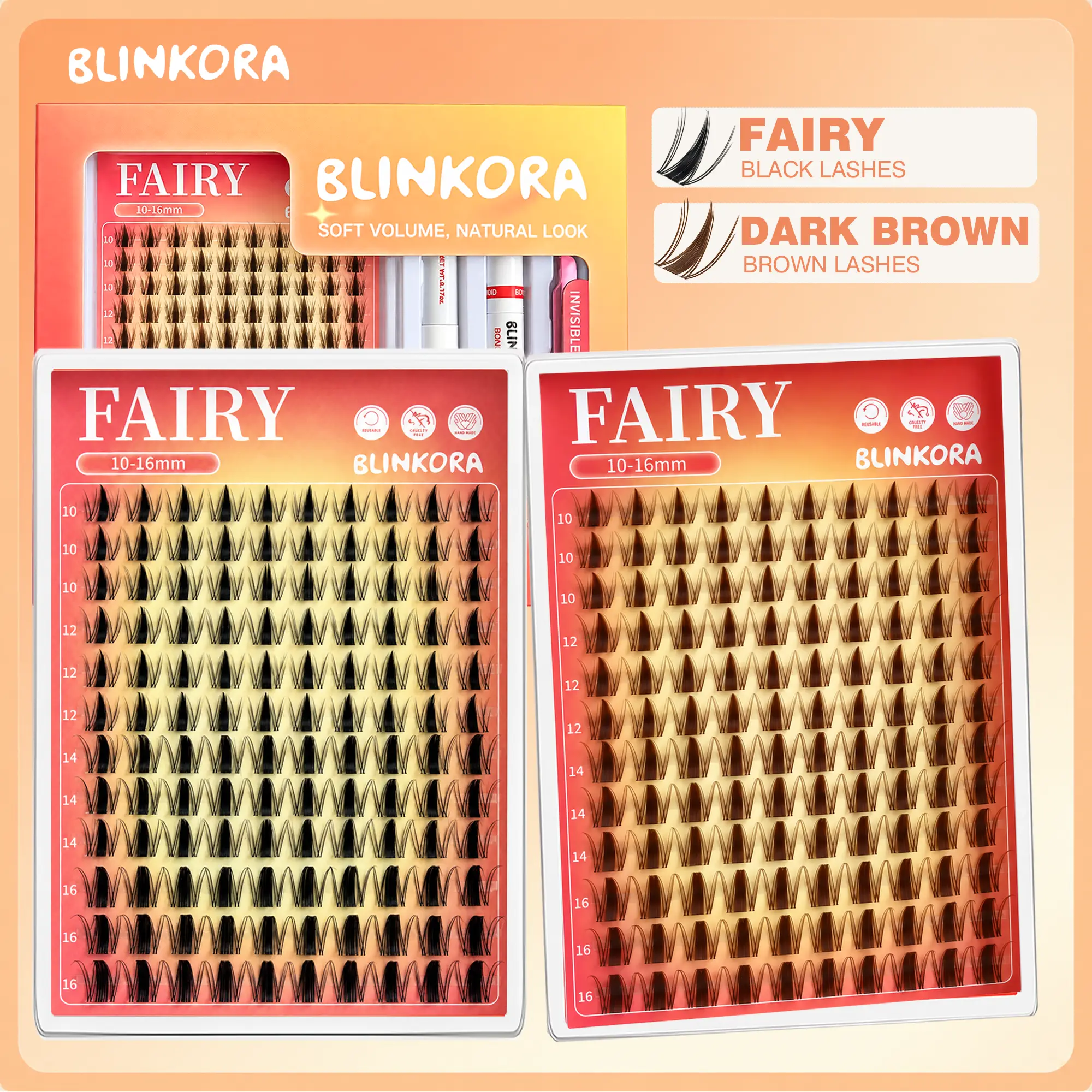 Blinkora Fairy Style DIY Cosmetic Cluster Lashes Kit in Black and Brown - Soft D Curl Anime Spiky Manga Lashes with Invisible Band, Beauty Products Including Nature-Infused Glue, Remover & Applicator