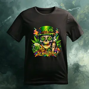 St. Haze Day Cannabis Skull Shirt with Unique Central Figure and Circular Motif for Decorative Use