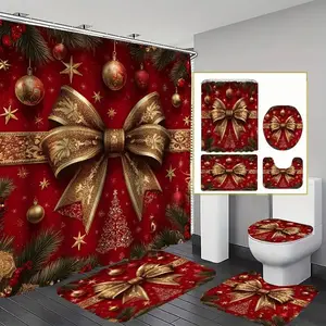 1/4 pc Christmas-themed design with Christmas decorations and bow patterns, shower curtain set, non-slip mat, U-shaped rug, toilet seat cover, Bathroom decoration accessories, perfect for bathroom décor, includes 12 shower curtain hooks