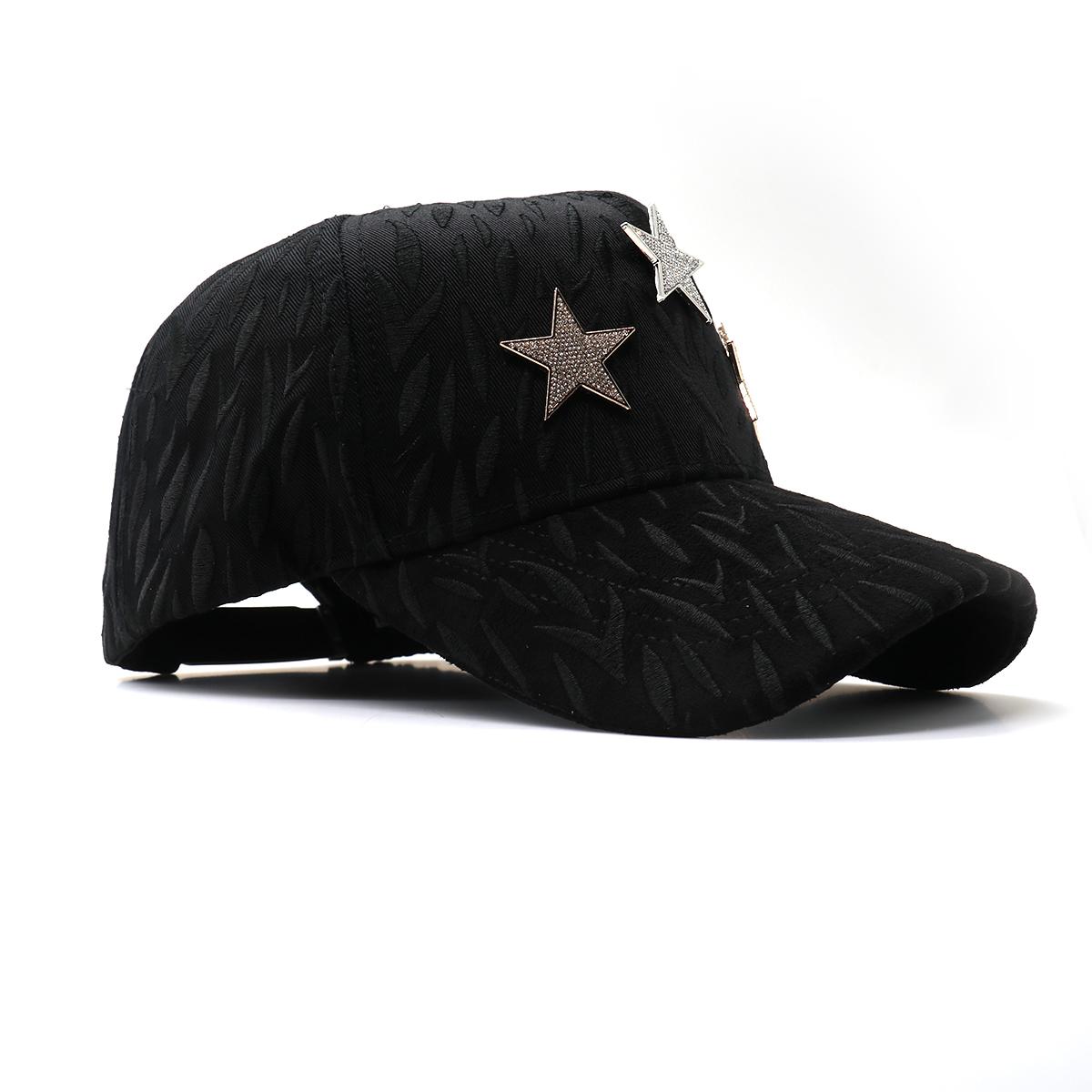 Streetwear Bling Cap with Triple Star Rhinestone Studs, Adjustable Hip Hop Snapback with Embossed Texture