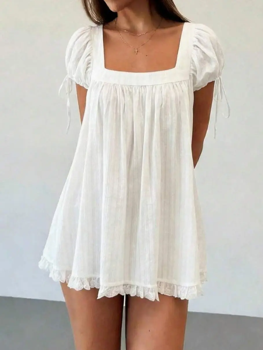 Women's Y2K Babydoll Blouse, Square Neck Ruffled Short Sleeve Top, Vintage Fairy Grunge Casual Flowy Shirt
