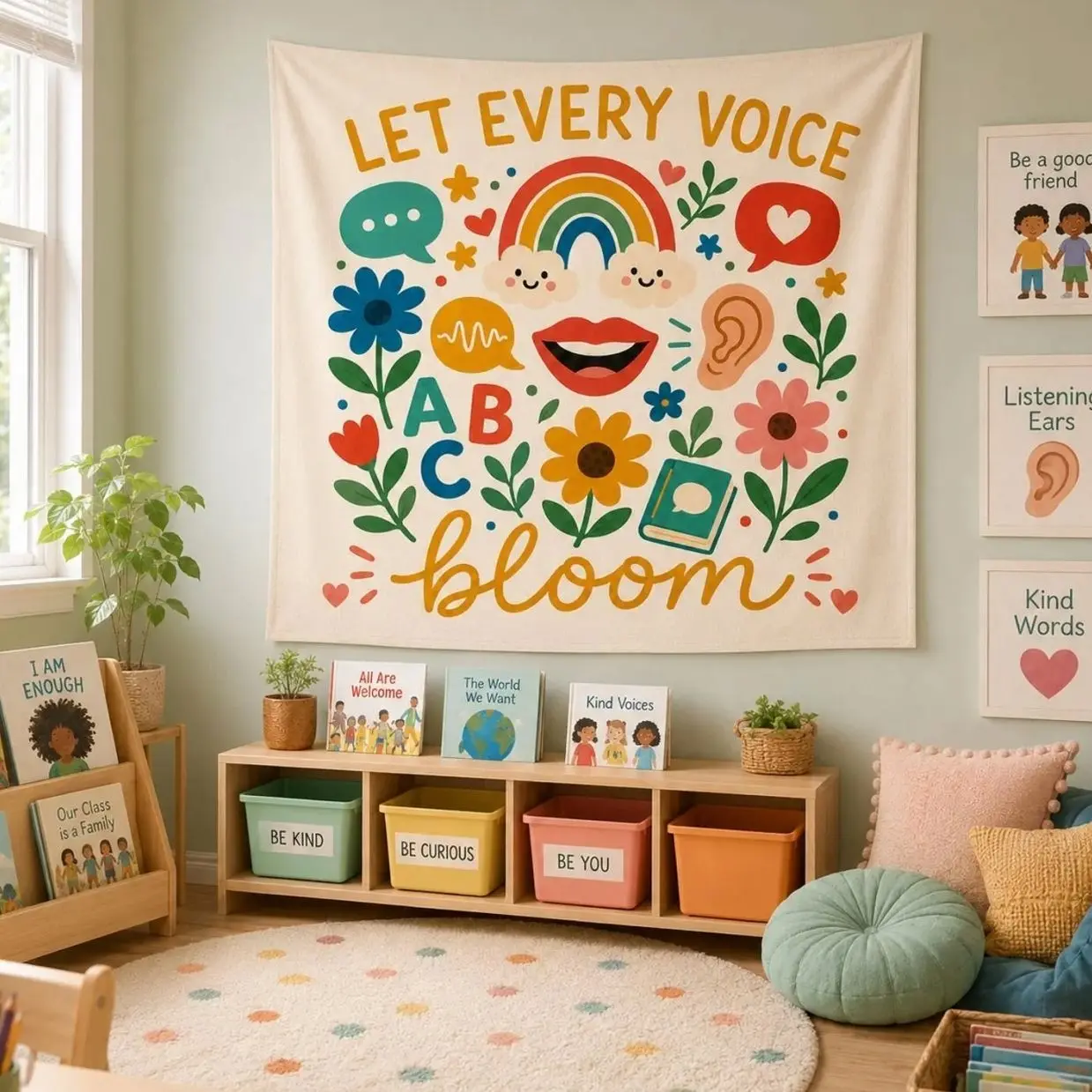 SLP Tapestry Wall Decor, Speech Therapy Classroom Banner, Let Every Voice Bloom