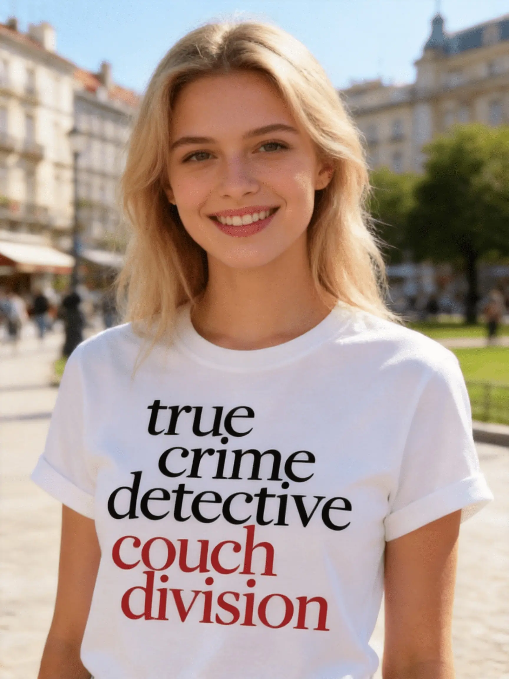 Women'S True Crime Detective Couch Division T-Shirt - Crime Show Fan Gift, Casual Short Sleeve Crew Neck Top with Slogan Print, Spring Summer Tee for Podcast And TV Series Enthusiasts