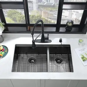 28 Inch Black Undermount Double Bowl Kitchen Sink Workstation-iAnomla 28 x19 Undermount Kitchen Sink Black Stainless Steel Double Bowl Kitchen Sink 16 Gauge 60/40 Deep Kitchen Sink with Cutting Board