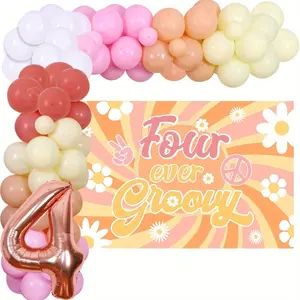1 Set Groovy Birthday Decorations - Four Ever Groovy Party Decorations Kit with 178 Pieces, Rose Gold 4 Foil Balloon, Backdrop, Garland Strip