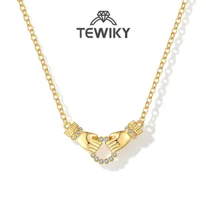 TEWIKY 14k Gold Plated Golden O-Link Chain 18*32.5mm Hand-in-Hand Zircon Circle Necklace, Women's Fashion Casual Necklace, Suitable for Mother's Day Gifts, Fits Various Style Outfits