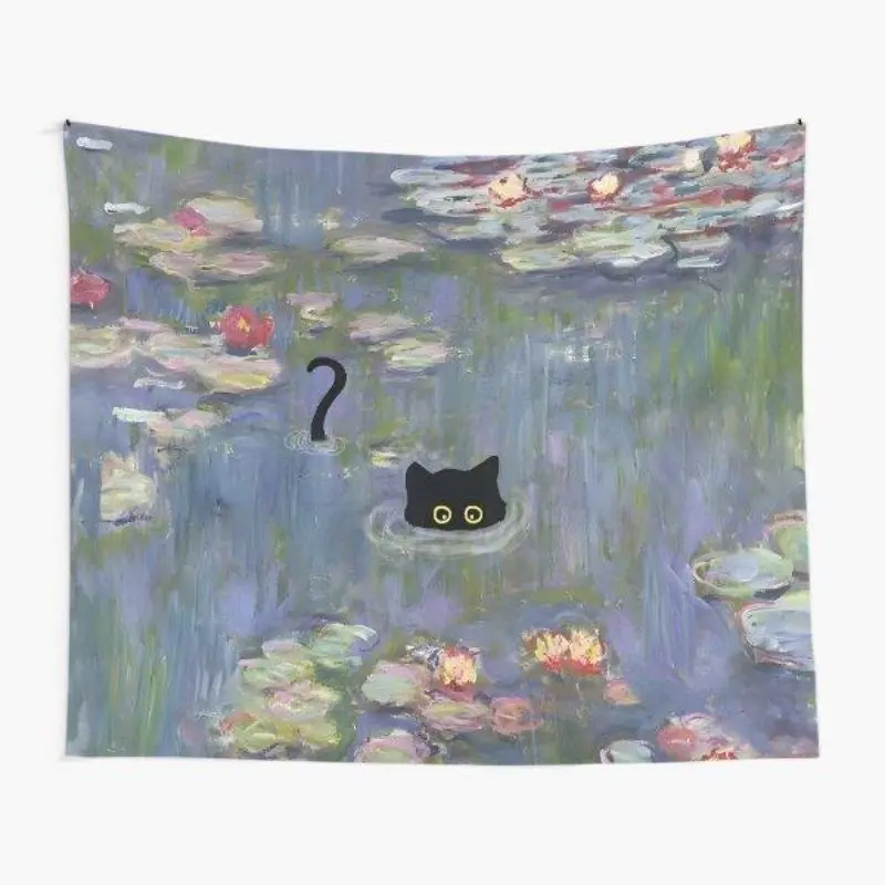 Cat Monet Waterlily Cotton Wall Hanging Tapestry - Durable Decorative Tapestry, Lightweight Indoor Animals Romantic Decor, 60"x40" Bedroom Gift for Boys