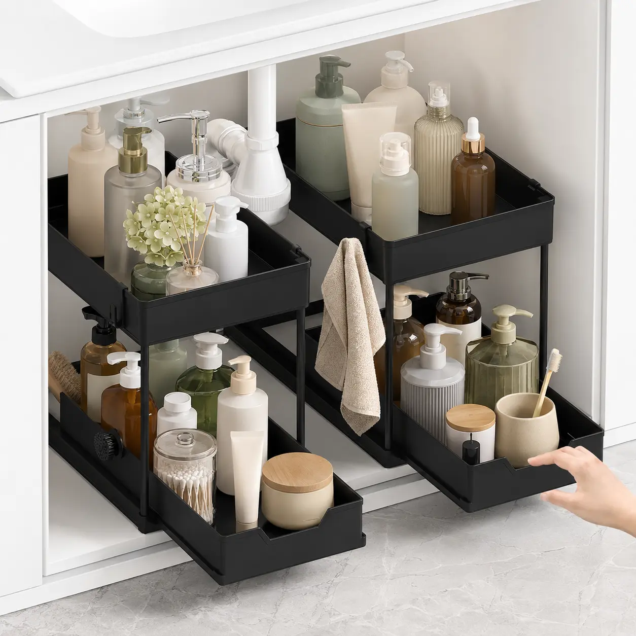 2 Tier Under Sink Organizer with Sliding Drawer, Black Pull Out Storage Shelf for Kitchen Bathroom Laundry, Fits Around Pipes, No Tools Needed, Sturdy for Cleaning Supplies Toiletries Detergents