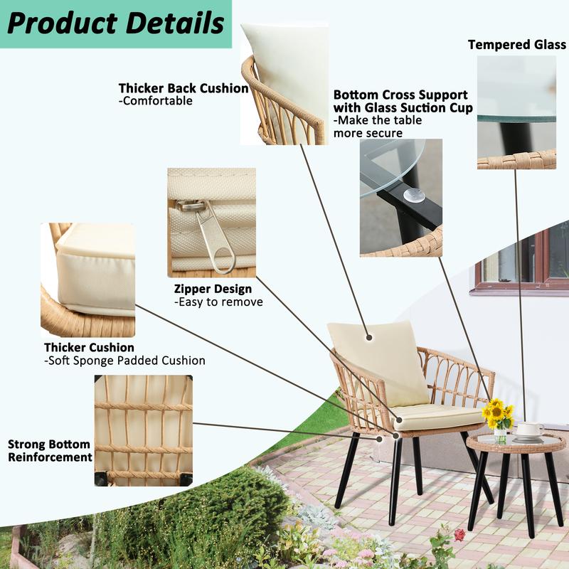 Ainfox 3-Piece Patio Bistro Furniture Set, Outdoor Wicker Rattan Chat Coversation w/Glass Top Table & Cushions for Porch, Backyard, Apartment, Balcony (Beige)