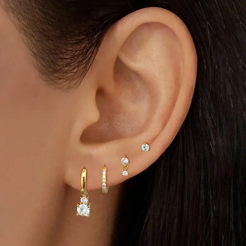 DIROMON 4 Pairs Gold Stud Hoop Earrings Set for Women,Hypoallergenic 14K Gold Plated Small Huggie Earring Sets for Multiple Piercing,Dainty Cute Cubic Zirconia Dangle Earrings,Lightweight Non Tarnish Jewelry