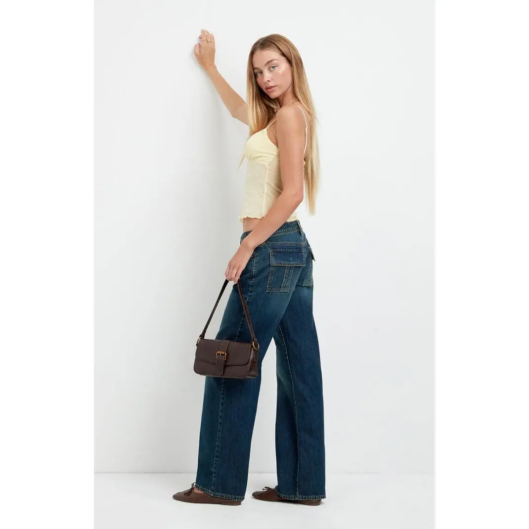 Pacsun Women's Zoe Low Rise Girlfriend Jeans Flap Pocket Dark Blue