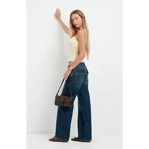 Pacsun Women's Zoe Low Rise Girlfriend Jeans Flap Pocket Dark Blue