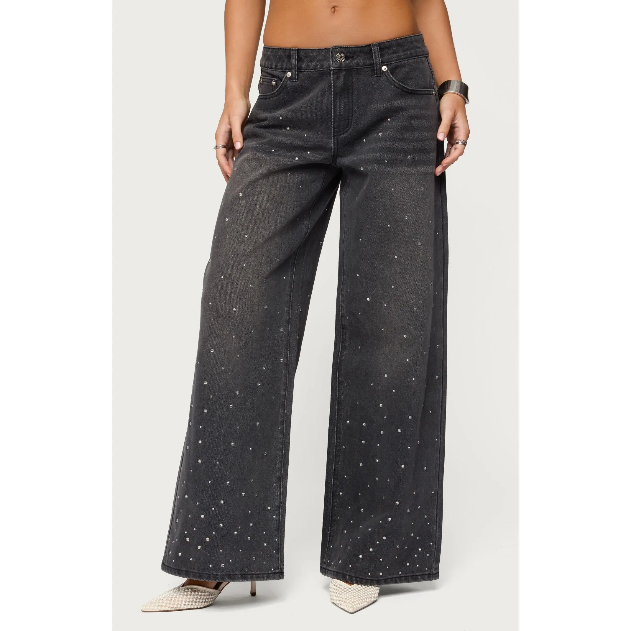 Edikted Women's Rhinestone Low Rise Washed Jeans