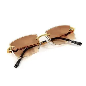 Mens Brown Gradient Tint Rimless Gold Frame Hip Hop Sunglasses