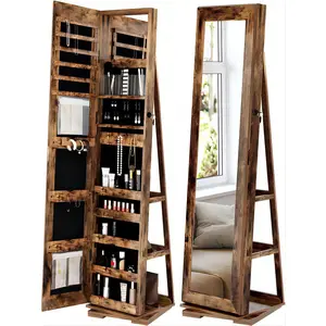 home Mirror Jewelry Cabinet 360 Degree Rotatable Jewelry Armoire With Full-Length Mirror, Jewelry Holder Organizer Makeup Storage With Lock