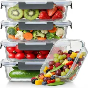 5 large glass food storage containers with lids, sealed for food storage, serving as meal preparation containers for lunch, dishwasher, microwave, oven, and refrigerator