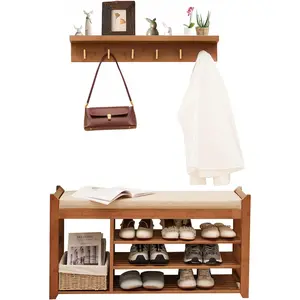 Entryway hall tree set with bench and shoe storage, coat rack and shoe bench with seat cushion and six hooks—ideal for entryways, hallways, living rooms, and bedrooms