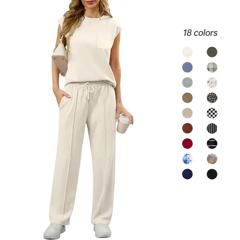 GRECERELLE 2 Piece Sets For Women Summer 2026 Outfits Lounge Sets Sleeveless Sweatsuits Wide Leg Tracksuits With Pockets