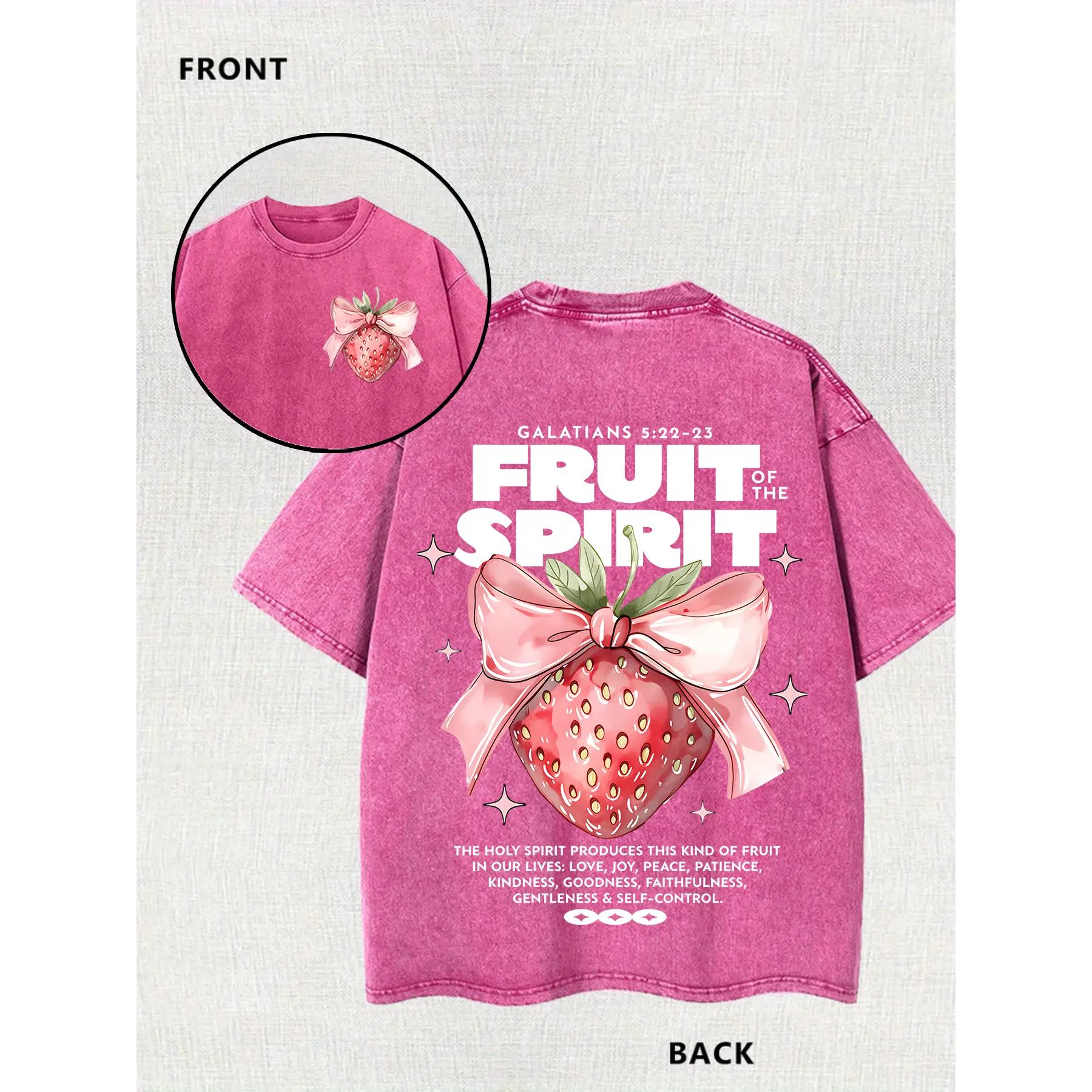 230g Double-sided Washed T-shirt with Strawberry Bow Pattern Printed on It, Suitable for Outdoor Adventure Travel on the Streets, and the First Choice for Family, Friends, and Colleagues as Gifts!