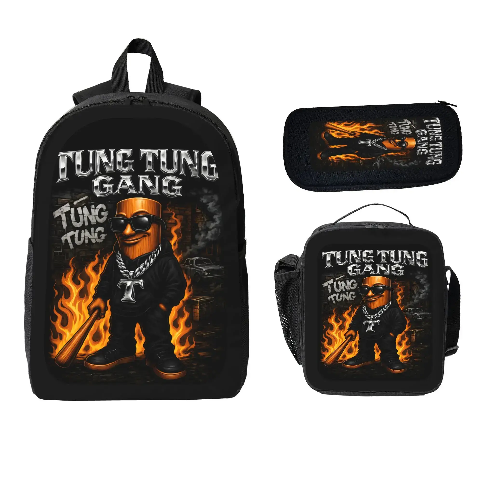 Funny Tung Tung MeMe Themed 3PCS School Backpack Set with Lunch Bag & Pencil Case, 600D Oxford Cloth Large-Capacity Bookbag for Teens, Lightweight Bag with Adjustable Straps & Comfortable Mesh Back