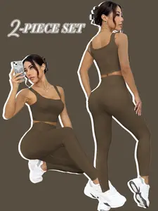 Two-Piece Set Women's Solid Crop Sports Bra & High Waist Leggings Tracksuit Set, Sporty Casual Breathable Comfortable Two-piece Outfits for Yoga Gym Workout Running, Ladies Sportswear for All Seasons