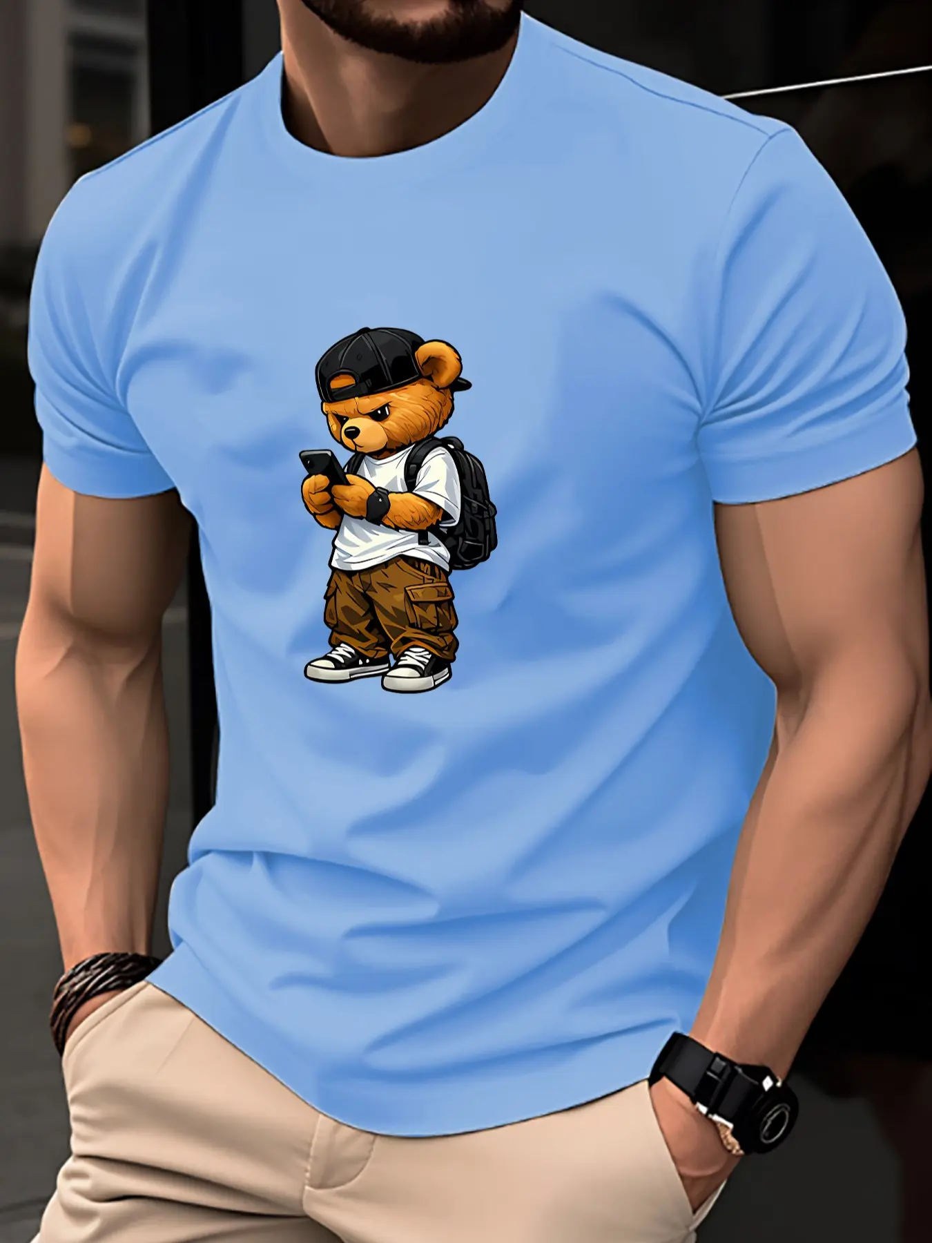 Summer Men's Casual Streetwear Classic Short Sleeve Round Neck T-Shirt, Casual Breathable Design Graphic Top, Bear Print, Breathable, Fashionable, Suitable for Vacation, Spring & Summer, Casual Summer Clothing