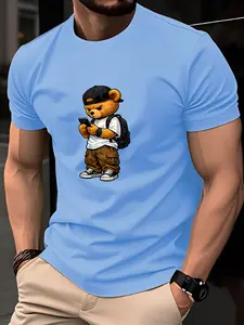 Summer Men's Casual Streetwear Classic Short Sleeve Round Neck T-Shirt, Casual Breathable Design Graphic Top, Bear Print, Breathable, Fashionable, Suitable for Vacation, Spring & Summer