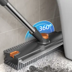 Floor Scrubbing Brush with Squeegee,3 in 1 Grout Brush with 54" Adjustable Long Handle,V-Shape Stiff Brush Bristle,360° Rotation,Bathroom heavy duty Cleaning Brush with stiff bristles for Tile,Deck,Garage,Kitchen,Swimming Pool,wet dry shower scrubber