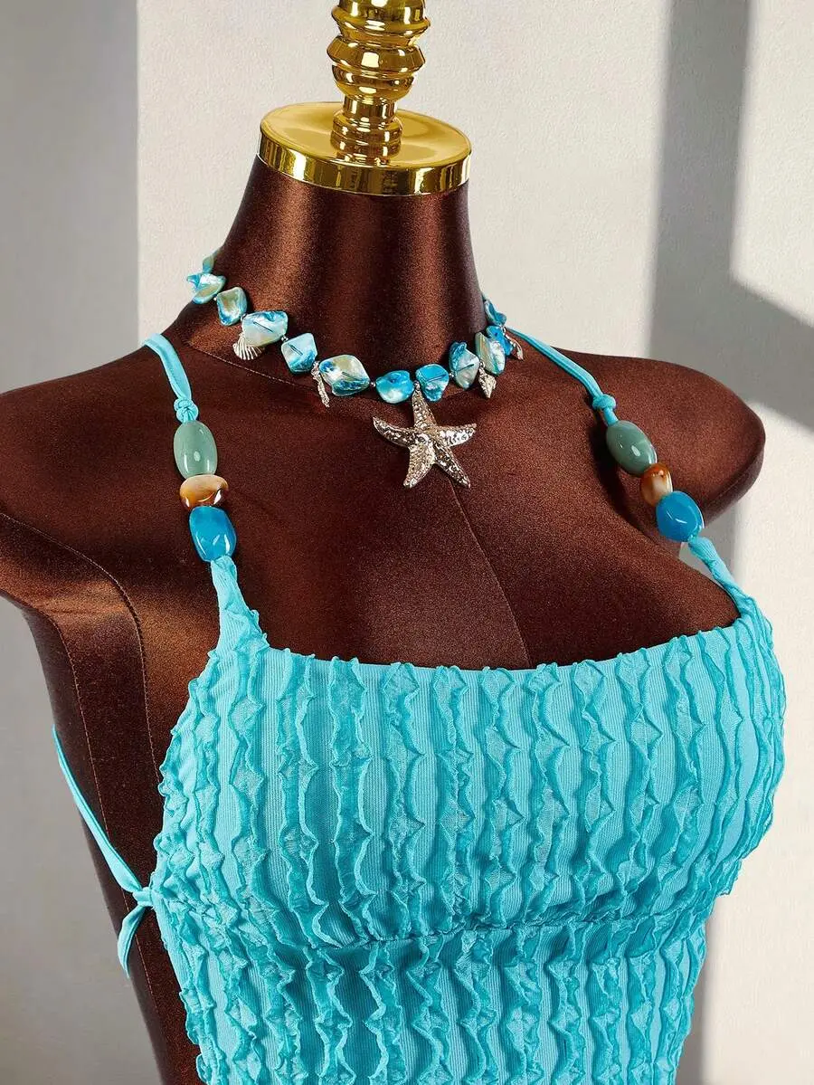 2026 New Textured Fabric Beaded Open Back Halter Neck Top Blue Backless Teal Swimsuit Turquoise Top Women,Summer Top