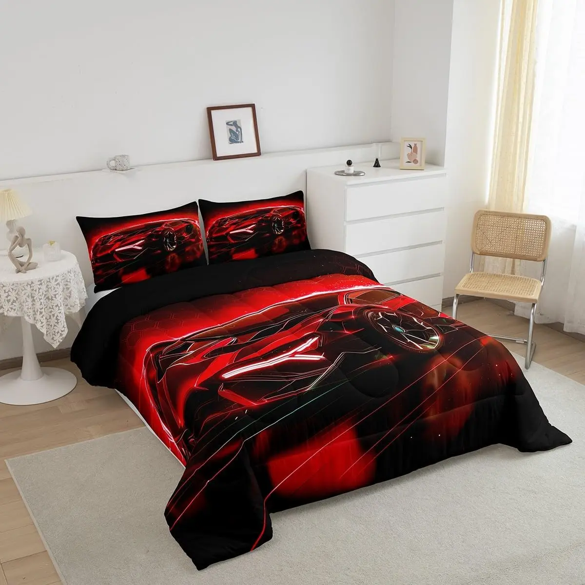 Sports Car Designer Comforter Set,Red Race Car Comforter for Room Decor,Extreme Sports Theme Luxury Bedding Set,Cool Speed Luxury Car Decor Quilt Set