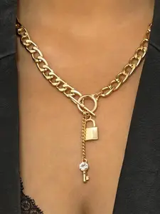 Rhinestone Key & Lock Design Chain Necklace for Women for Gift, Charms Necklace, Clavicle Chain Necklace, Dainty Choker Necklace, OT Buckle Chunky Cuban Link Chain Necklace, Mexican Necklaces, Cute Gifts for Girlfriend