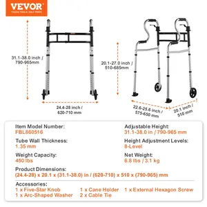 VEVOR Folding Walker on Wheels, 3-in-1 Stand-Assist Folding Walkers with Adjustable Height and Width, Lightweight Aluminum Front Wheeled Mobility Aid for Elderly Handicapped Disabled, Up to 350LBS