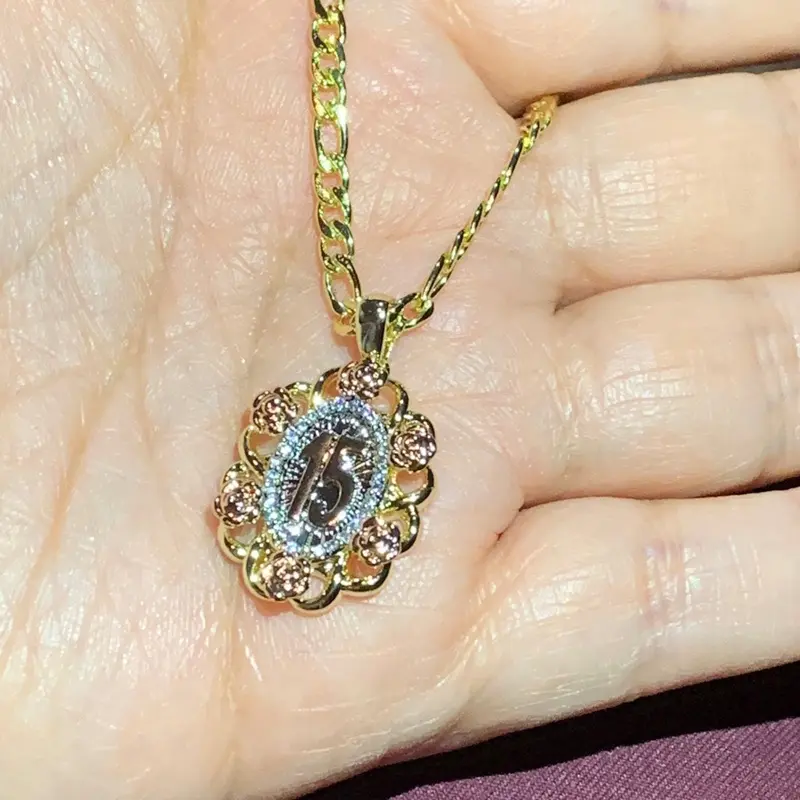 Quince Años Necklace with TriColor Pendant - Elegant Gold-Tone Chain & Multi-Colored Pendant for Special Occasions