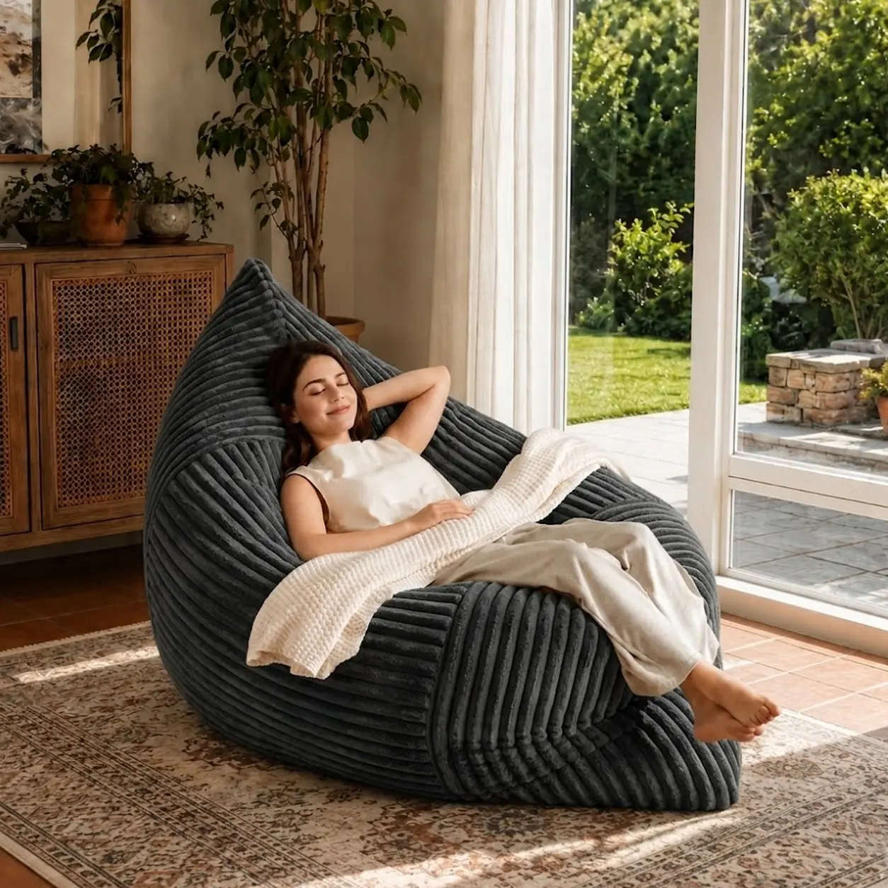 Ergonomic Striped Durable Bean Bag Chair - Contour Support Floor Lounger with Removable Cover & Refills, Comfy Squishy Living Room Furniture for Full-Body Relaxation, Ideal for Bedroom Nappers, Dorm